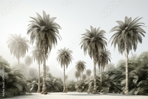 3D-rendered palm trees on white background. Grouped closely together. Generative AI