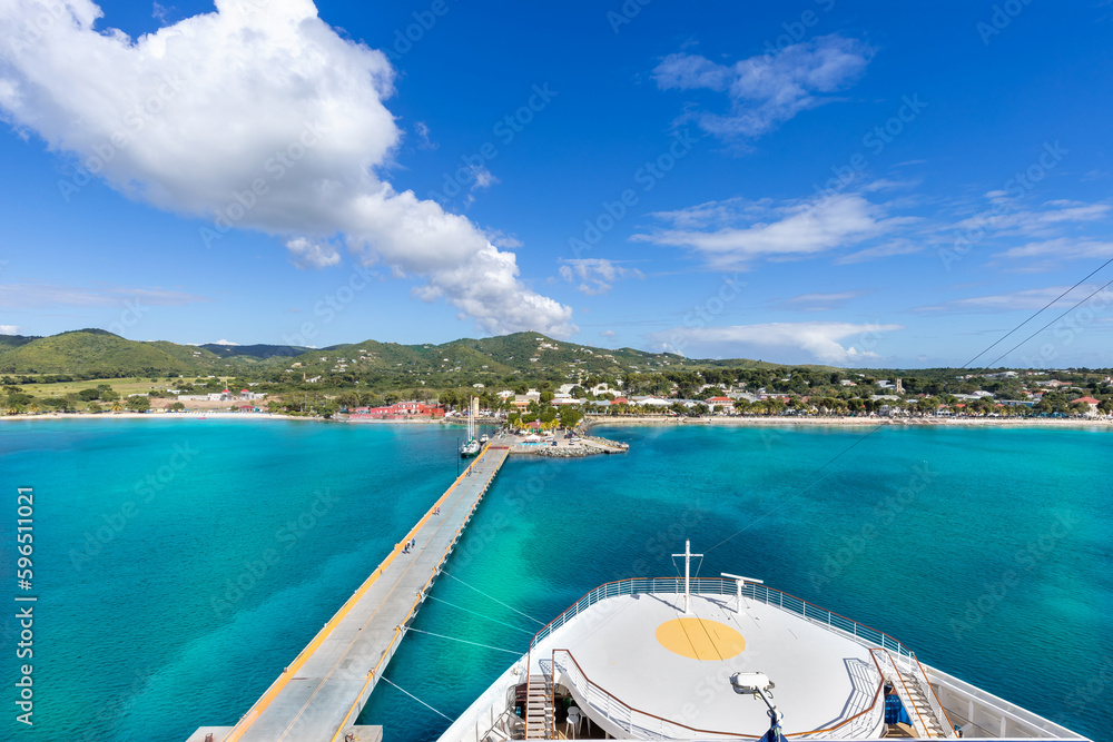 Cruise ship Caribbean vacation. Saint Croix Frederiksted US Virgin Islands panoramic shoreline.