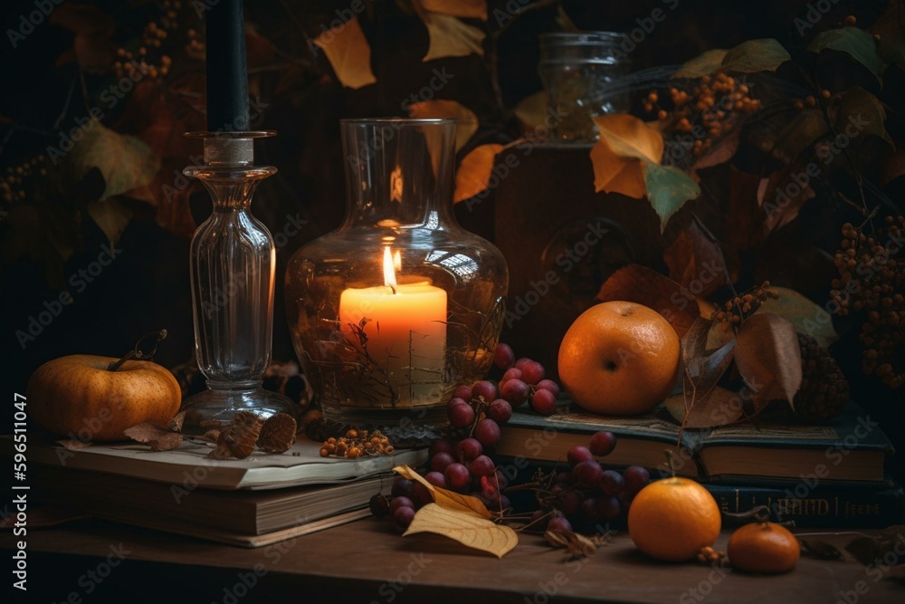Autumn-themed still life indoors. Generative AI