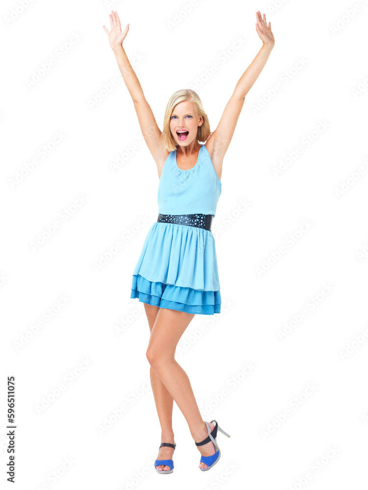Excited, wow and energy with portrait of happy woman with celebration, motivation and youth. Freedom, fashion and smile of a model girl with confidence and isolated on a transparent, png background Excited, wow and energy with portrait of happy woman with celebration, motivation and youth. Freedom, fashion and smile of a model girl with confidence and isolated on a transparent, png background