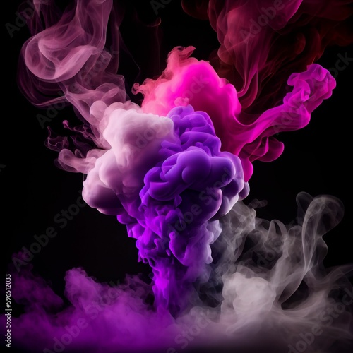 Pink, purple and white smoke bomb on black background. Generative AI.