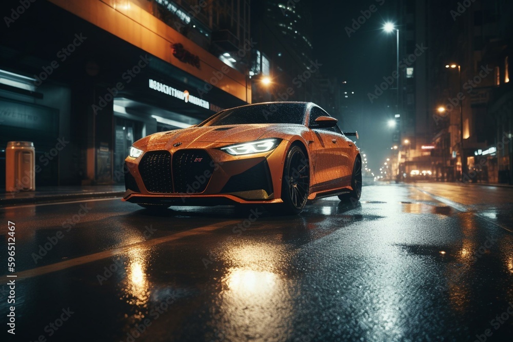 luxury car speeding through city streets at night. Generative AI