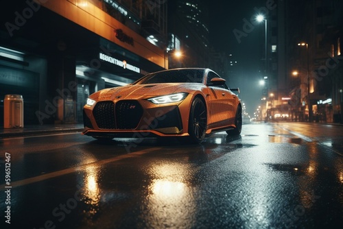 luxury car speeding through city streets at night. Generative AI © Iolanthe