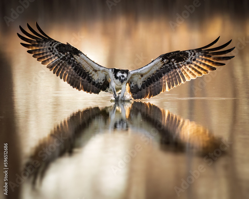 Osprey (Pandion haliaetus) in flight catching fish at water level in golden morning light Colorado, USA	
