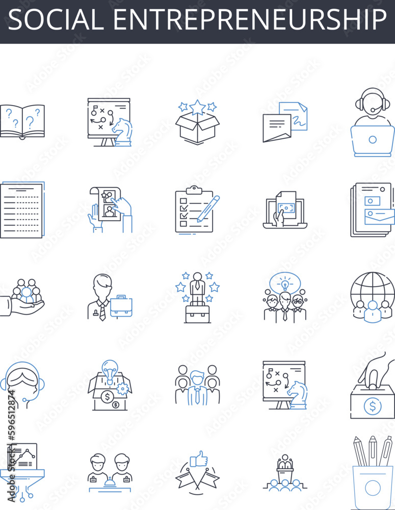Social entrepreneurship line icons collection. Sustainable business, Environmental conservation, Community development, Corporate social responsibility, Public service, Humanitarian aid, Generative AI