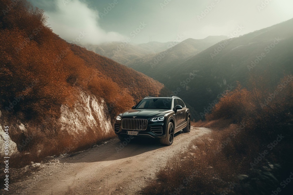 Luxury car cruising on mountainous terrain. Generative AI