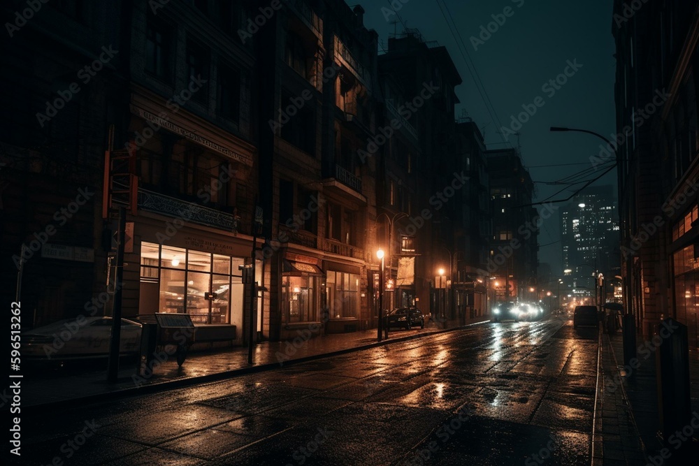 A dark city street with illuminated buildings and a pedestrian walking. Generative AI