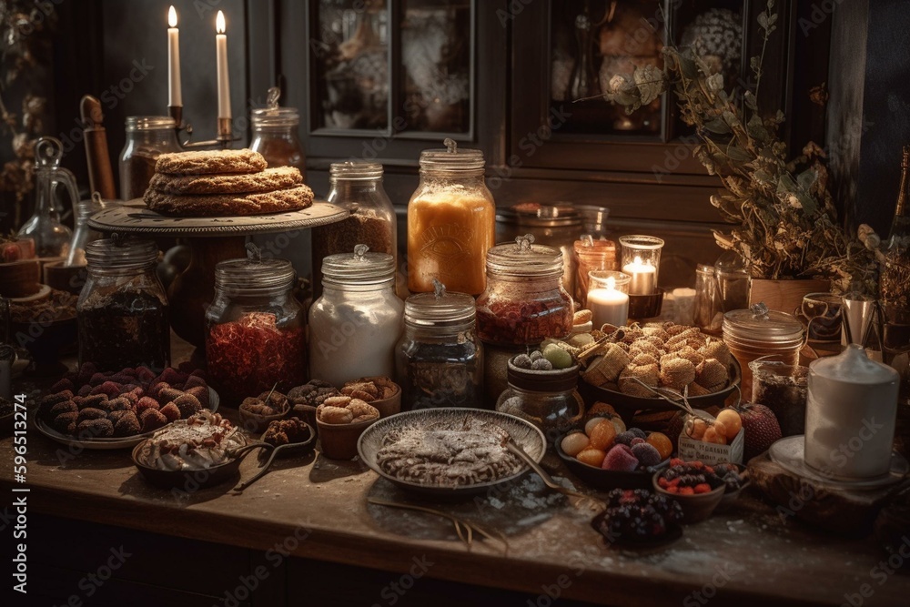Table with abundance of desserts, jars of sugar, and spoons. Generative AI