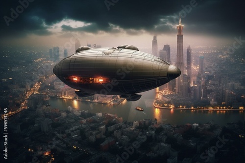 Fantastical airship floats above futuristic floating city. Generative AI