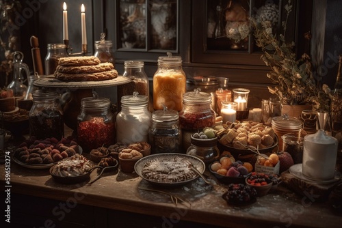 Table with abundance of desserts  jars of sugar  and spoons. Generative AI
