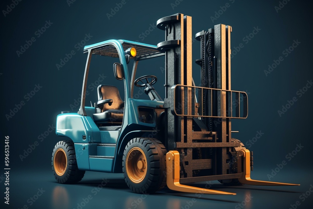 3D rendering of industrial forklift truck viewed from front side on blue background. Generative AI