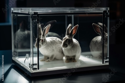Rabbits immobilized in an acrylic box. Generative AI photo