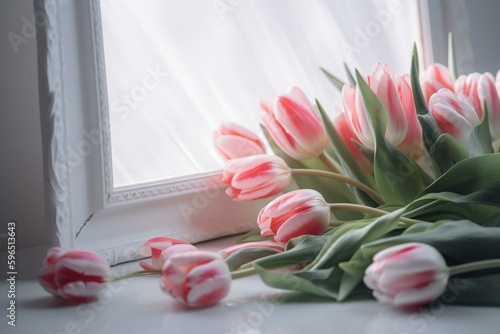 Floral arrangement with pink tulips & white frame on light background. Generative AI #596513643