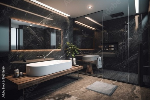 Contemporary bathroom design with modern features and aesthetics. Generative AI
