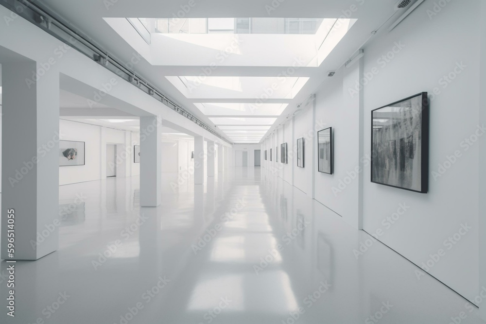 Contemporary art museum/gallery with an empty white room featuring 3D digital art presentation. Keywords: museum, gallery, contemporary, art, 3D, digital, presentation, exhibition,. Generative AI