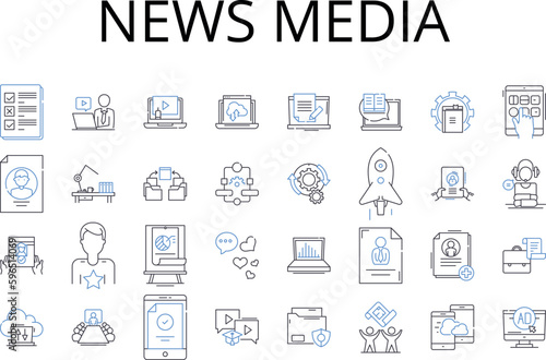 news media line icons collection. Television broadcasting, Print journalism, Web journalism, Social journalism, Broadcast journalism, Public broadcasting, Electronic media vector and Generative AI
