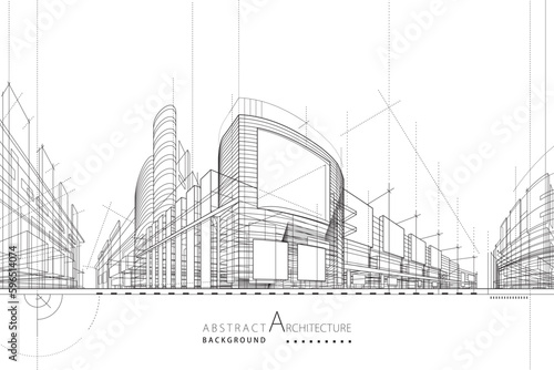3D illustration  abstract modern urban landscape line drawing  imaginative architecture building construction perspective design