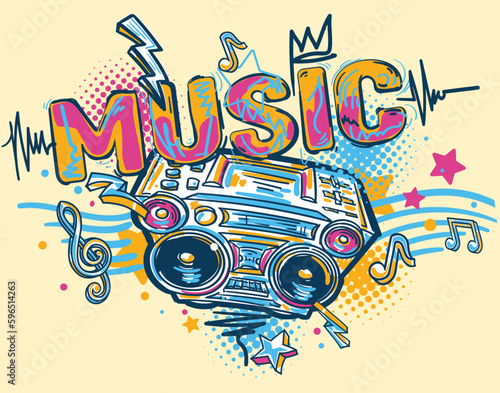 Musical boom box tape recorder  with funky graffiti arrows background, hand drawn music design