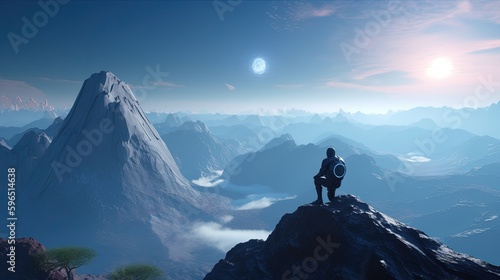 man atop mountain gazes at new horizon, digital art illustration, Generative AI