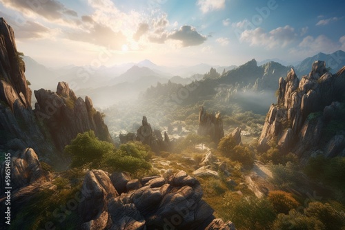 Stunning fantasy vista with rocky promontory and distant peaks. Generative AI