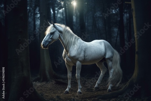 An illustration of a white unicorn in a forest at night. Generative AI