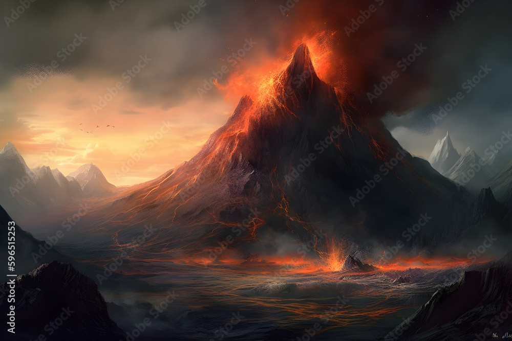 Illustration of volcano in a fantasy world. Perfect for magical creation. 
Generative AI. 