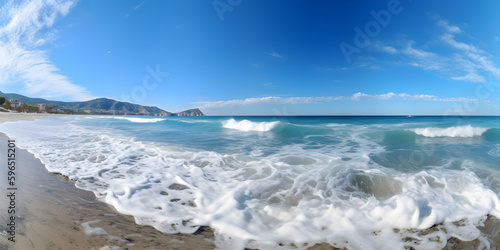 Panoramic seascape with surf waves against a blue sunny sky with clouds. Natural Mediterranean beach. Generative AI. 