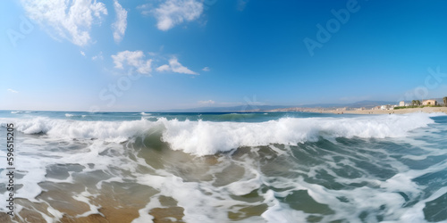 Panoramic seascape with surf waves against a blue sunny sky with clouds. Natural Mediterranean beach. Generative AI. 