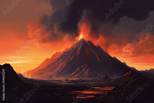 Illustration of volcano in a fantasy world. Perfect for magical creation. Generative AI. 