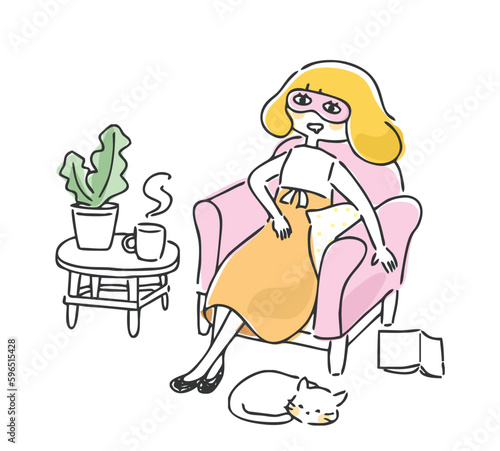 可笑しなアイマスクを付けてリラックスする女性