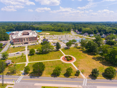 Wilmington historic town center aerial view at Town Common with Wilmington Public High School in summer in town of Wilmington, Massachusetts MA, USA.  photo