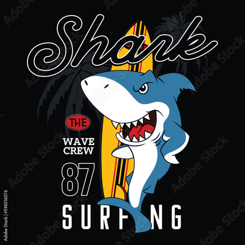 shark surfing, vector animal cartoon illustration design graphic printing