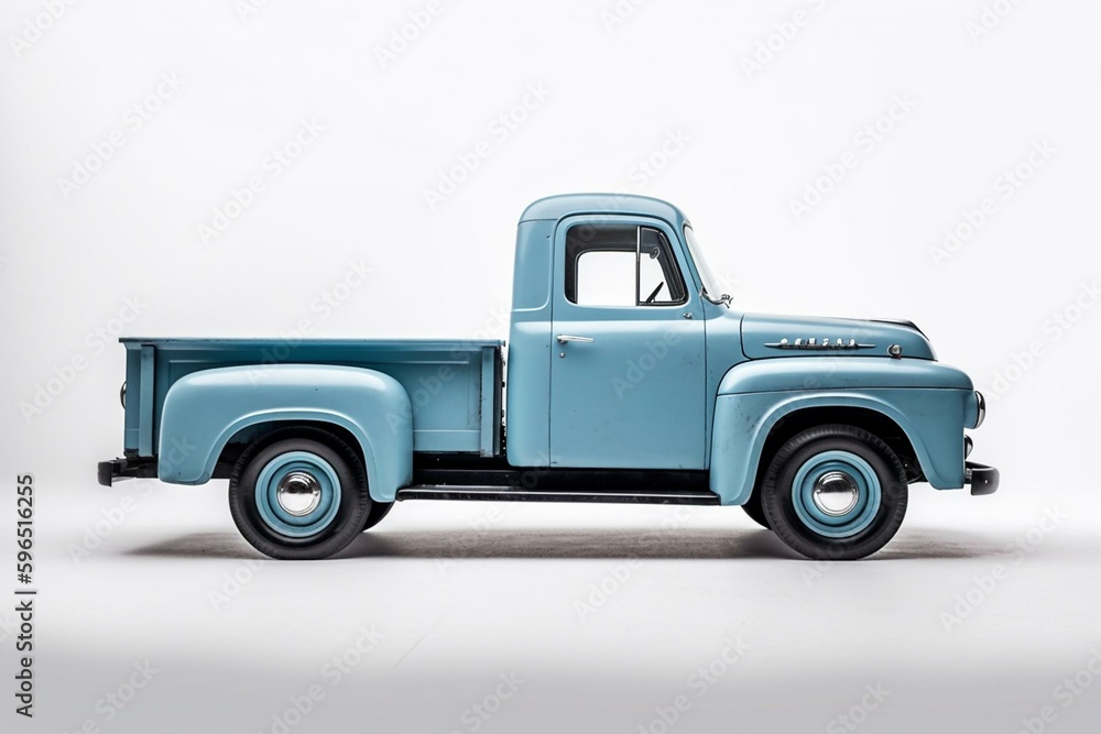 Blue pickup truck on white background. Generative AI - obrazy, fototapety, plakaty 