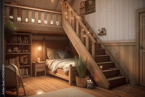 3D rendition of child s bed beneath wooden stairs inside new room. Generative AI