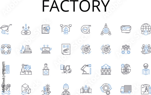Factory line icons collection. Plantation, Workshop, Foundry, Forge, Assembly line, Manufacturer, Production house vector and linear illustration. Milling plant,Fabrication Generative AI