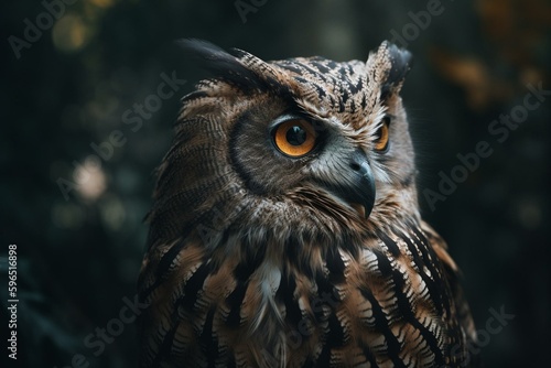 An owl-like bird with a distinctive facial disk and sharp talons. Generative AI © Olivia