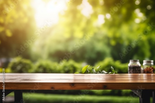 Blurred nature and bokeh light background with wood table for food display in a green garden during spring/summer. Generative AI