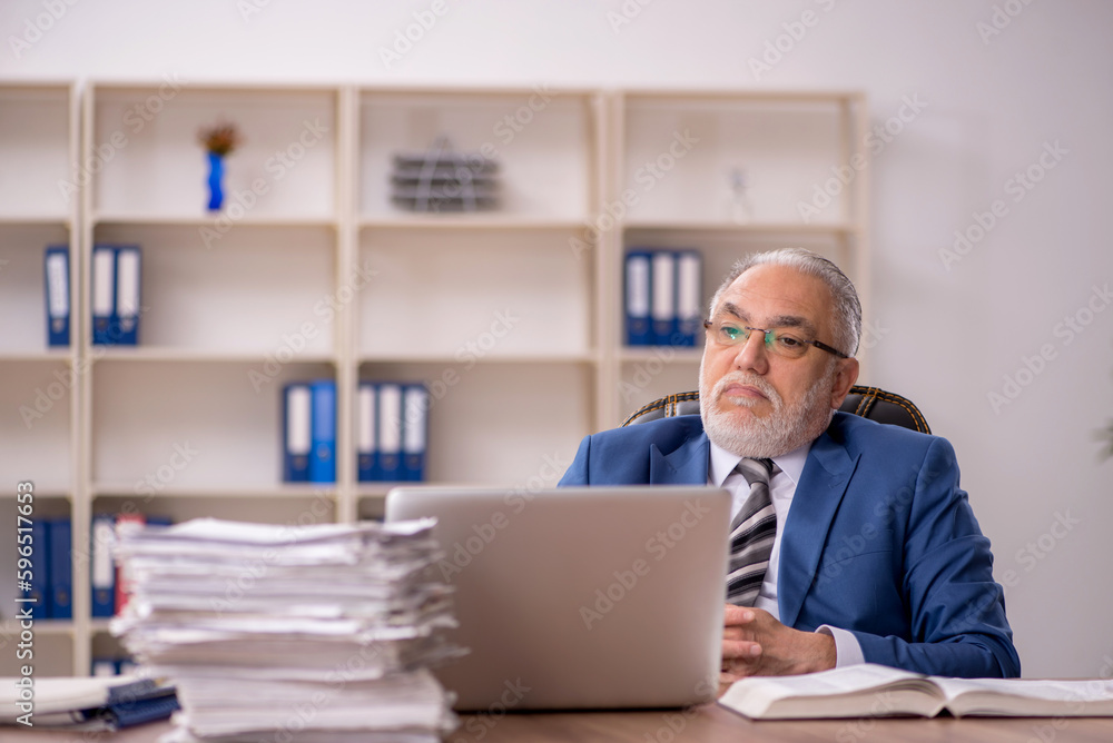 Old male employee working in the office Old male employee working in the office