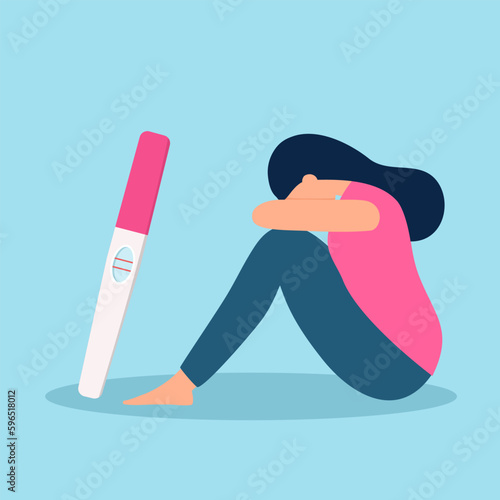 Sad teenager worrying about positive result on pregnancy test. You are pregnant concept vector illustration.