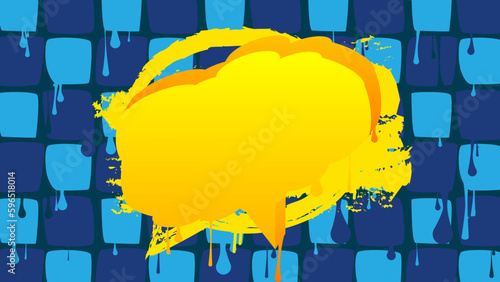 Yellow Speech Bubble Graffiti on blue Background. Urban painting style backdrop. Abstract discussion symbol in modern dirty street art decoration.
