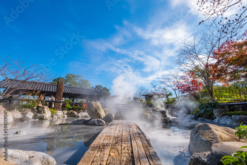 Beppu, Japan - Nov 25 2022: Oniishibozu Jigoku hot spring in Beppu, Oita. The town is famous for its onsen (hot springs). It has 8 major geothermal hot spots, referred to as the "eight hells of Beppu"