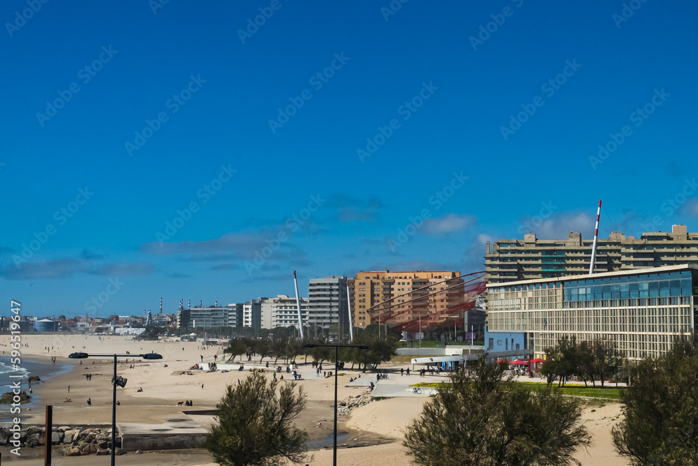 Panoramic landscape in Matosinhos beach with view of the sea and buildings of the city. Matosinhos, Portugal