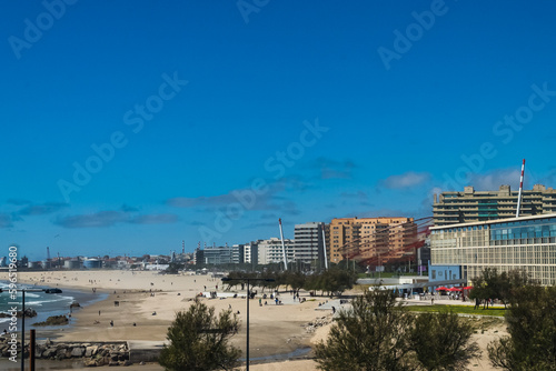 Panoramic landscape in Matosinhos beach with view of the sea and buildings of the city. Matosinhos, Portugal © camaralucida1