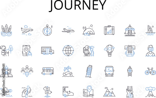 Journey line icons collection. Adventure, Voyage, Excursion, Passage, Trekking, Expedition, Exploration vector and linear illustration. Odyssey,Pilgrimage,Jaunt outline signs set Generative AI