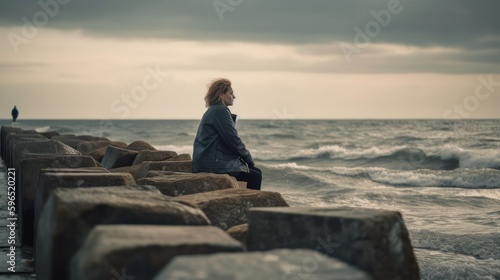 woman sitting on a breakwater, looking at the horizon with a sad expression. Generative AI