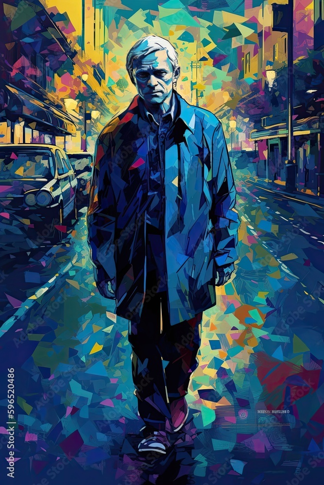 Abstract elderly man walking down a pathway corridor of rainbow lights and colors. Surreal neon painting.
