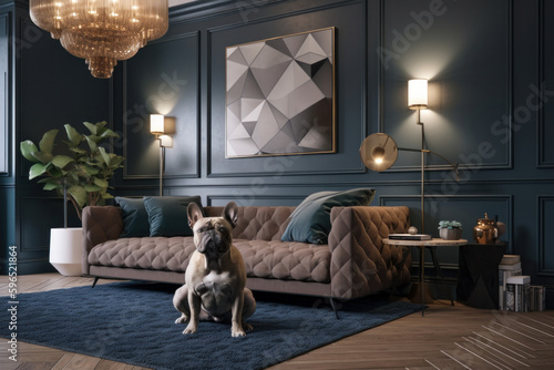 A calm and relaxed dog sits on the floor in front of a cozy couch, creating a peaceful atmosphere in the living room. Perfect for animal lovers. Is AI Generative.