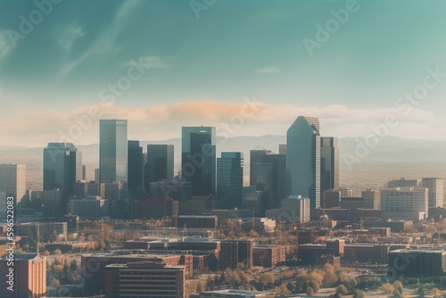 Denver skyline with transparent layers showcasing gradients and landmarks. Generative AI