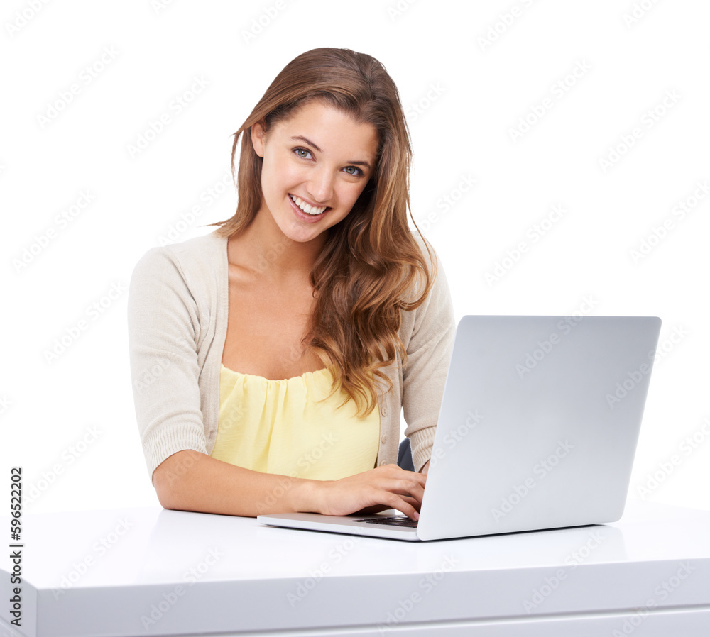 Face portrait, woman and typing on laptop isolated on a transparent png background. Computer, smile and happy person, remote worker or female working on research, online browsing or social media. Face portrait, woman and typing on laptop isolated on a transparent png background. Computer, smile and happy person, remote worker or female working on research, online browsing or social media.