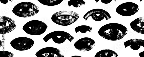 Seamless pattern with bold eyes. Brush drawn vector eyes banner. Rough and dry texture. Grunge style seamless black and white banner. Rough thick strokes. Sketch texture.